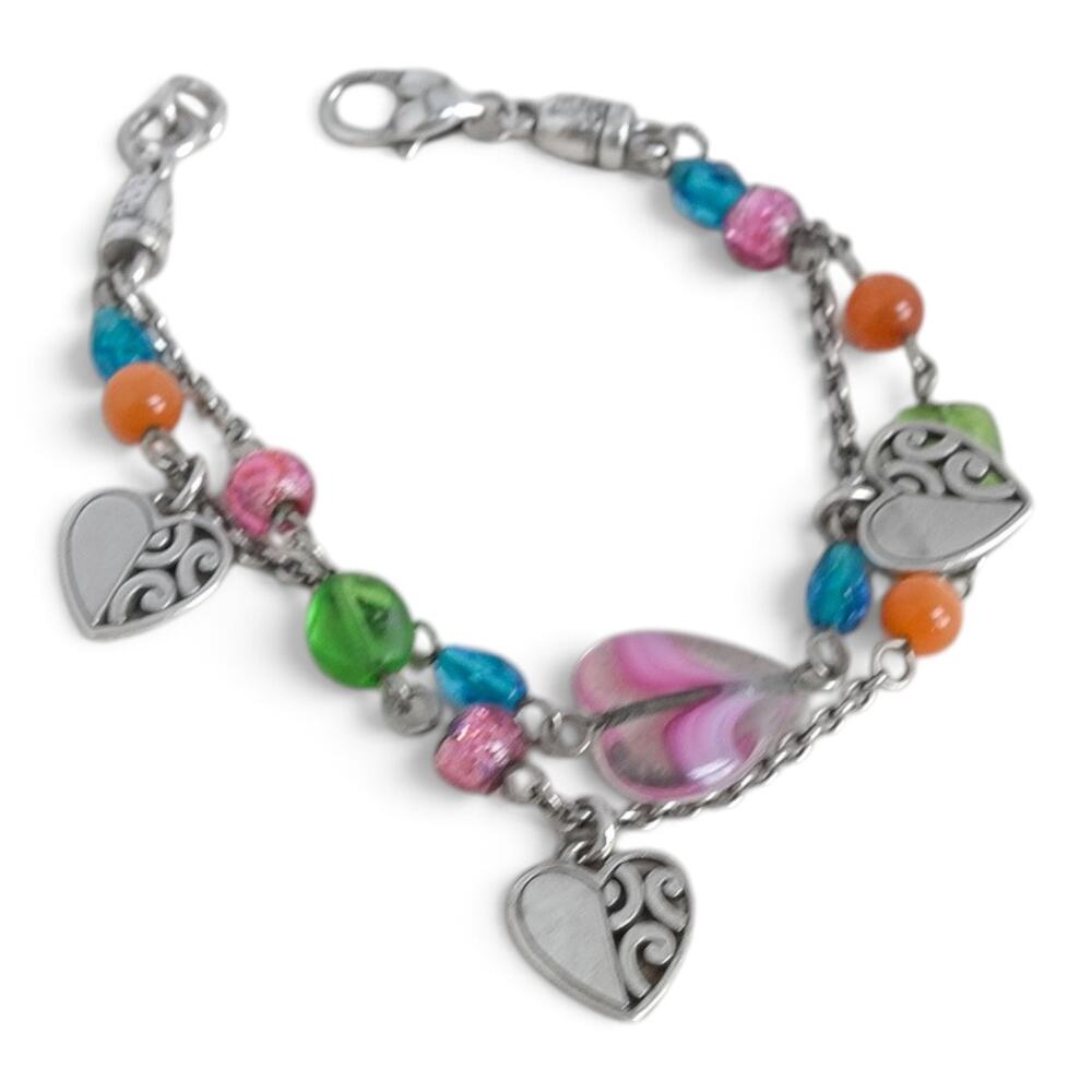 Brighton Deco Bright Double Chain Bracelet Pastel Art Glass Beads Heart Retired
